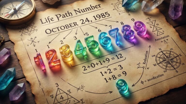 A detailed numerology chart showing the calculation of a life path number with glowing digits 1 through 9.