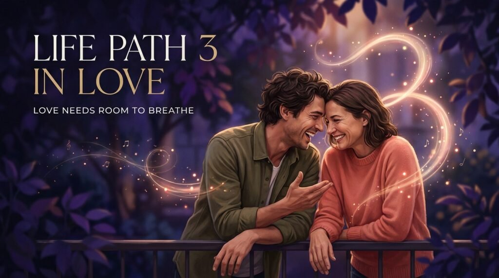 Life Path 3 in love represented by a couple sharing laughter, communication, and emotional connection