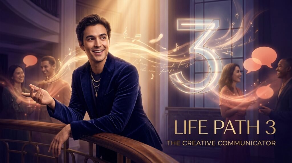 Life Path 3 personality represented by a charismatic person surrounded by creative and communication symbols