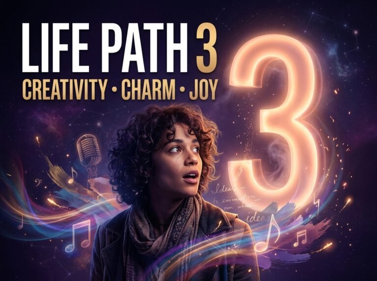 Life Path Number 3 with a curious person surrounded by symbols of creativity, charm, and joy